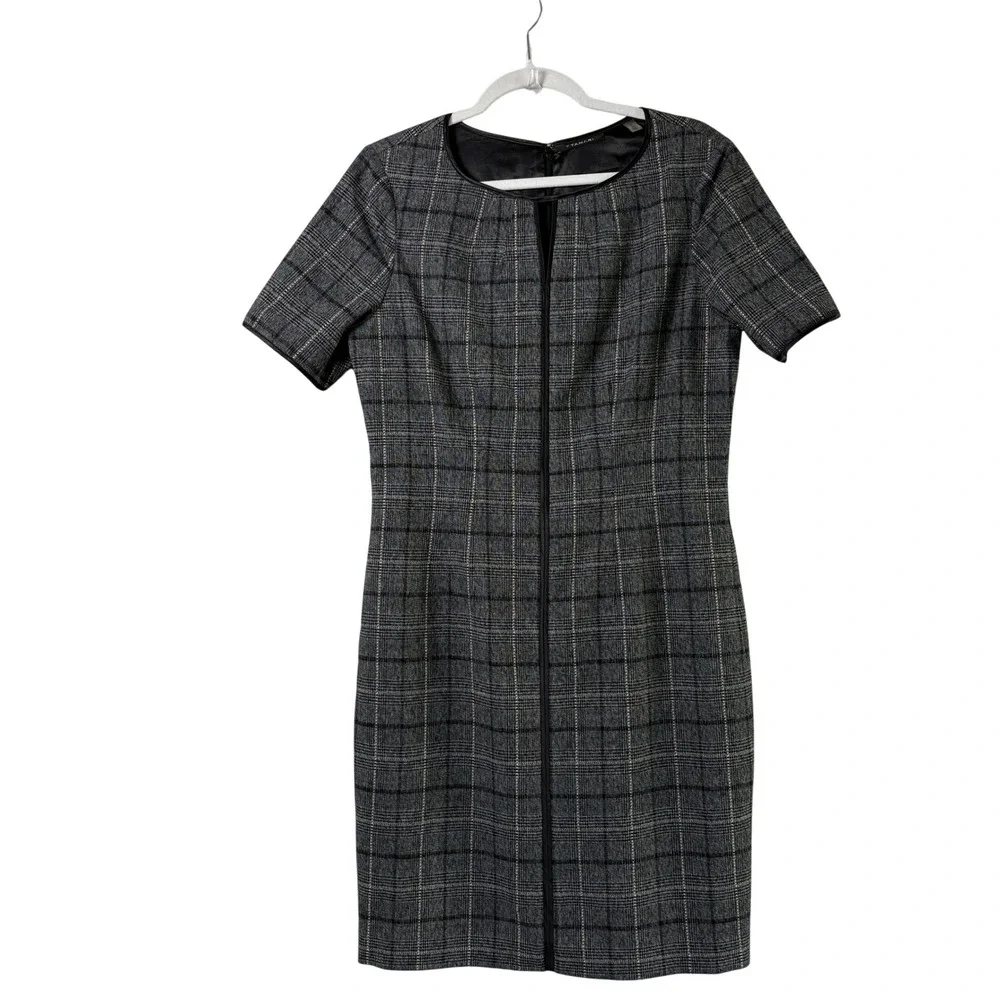 Tahari Sheath Dress Womens 12‎ Grey Plaid Faux Leather Trim Short Sleeve Office